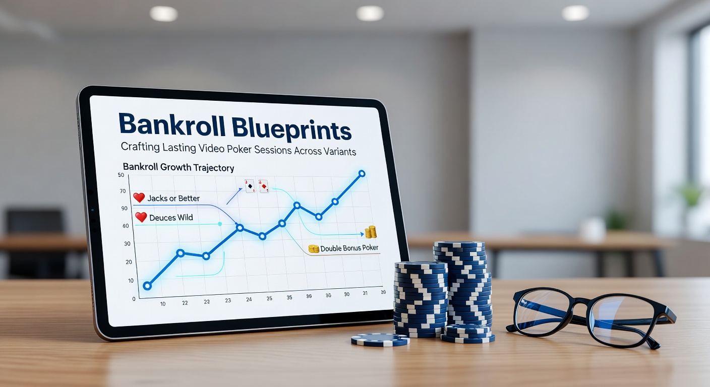 Grafik mit Bankroll-Charts und Video-Poker-Maschinen, die stabile Sessions illustrieren