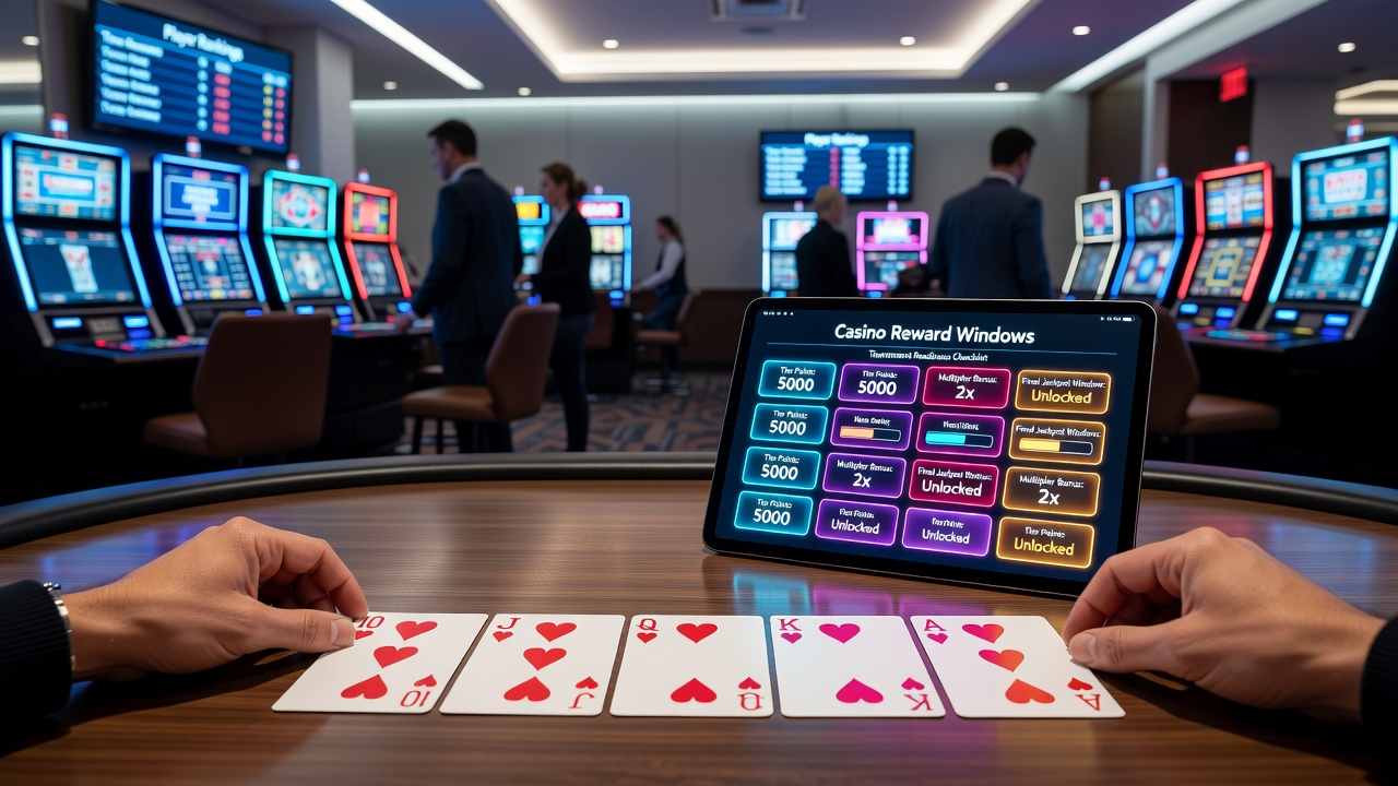Video-Poker-Spieler analysiert Handmuster und Casino-Belohnungsfenster auf einem mobilen Gerät während der Vorbereitung auf ein Turnier
