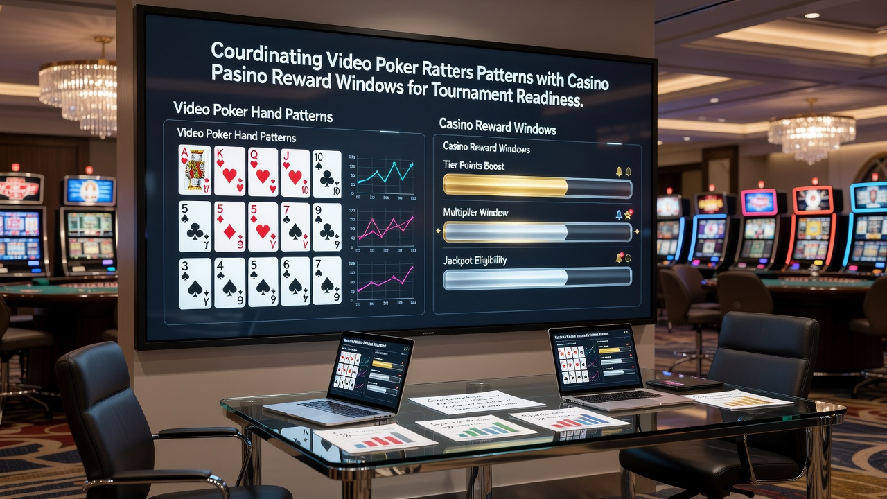 Übersicht über Casino-Belohnungszyklen und Video-Poker-Handsequenzen auf einem digitalen Display