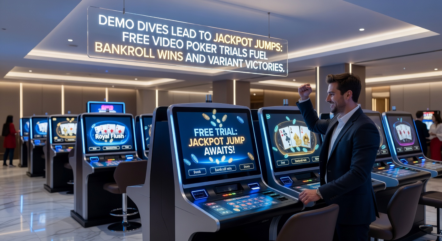 Verschiedene Video-Poker-Varianten auf einem Casino-Bildschirm mit Demo-Modus aktiviert und Strategie-Overlay