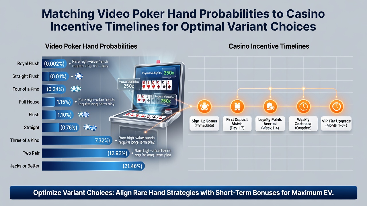 Illustration der Verknüpfung von Video-Poker-Handwahrscheinlichkeiten mit Casino-Anreizzyklen zur Variantenauswahl