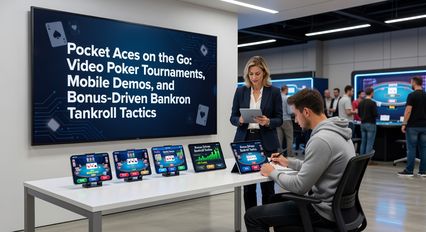 Smartphone mit Video-Poker-Turnier-App im Vordergrund, umgeben von Assen-Symbolen und Preistrophäen