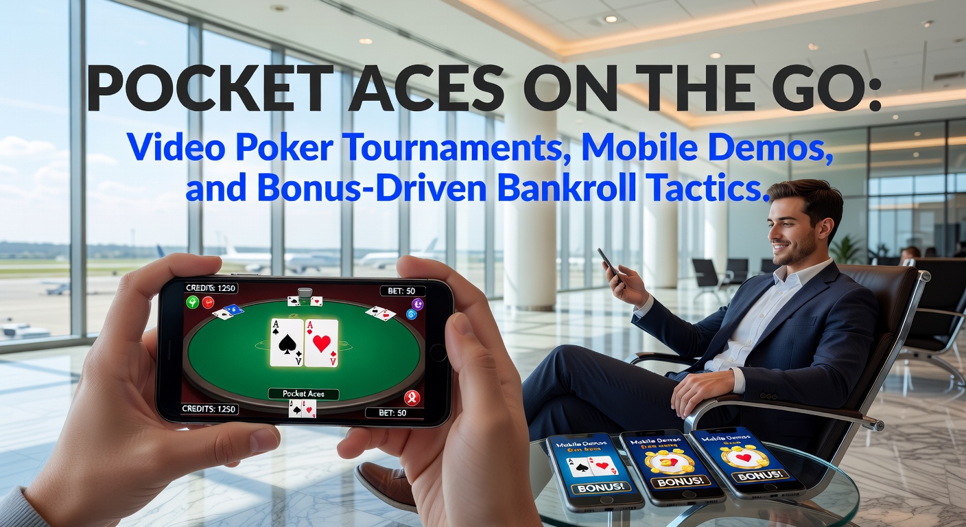 Grafik eines Video-Poker-Turniers auf Tablet mit Bonus-Symbolen, Bankroll-Diagrammen und mobilen Ass-Karten