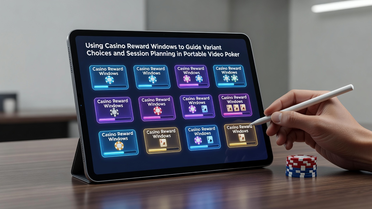 Darstellung von Belohnungsfenstern und mobilen Video-Poker-Sessions auf einem Tablet mit verschiedenen Varianten