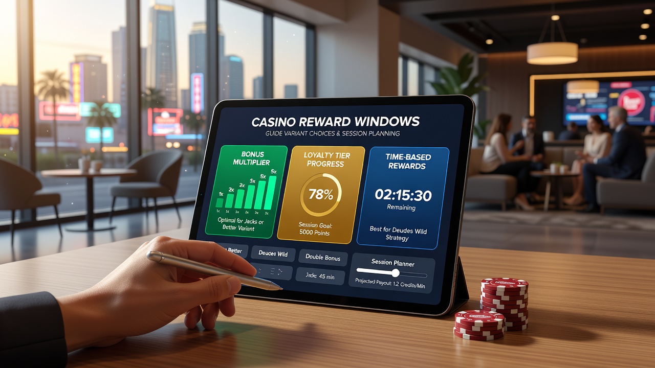 Mobile Video-Poker-App mit Zeitplänen und Belohnungsfenstern auf einem Smartphone-Display